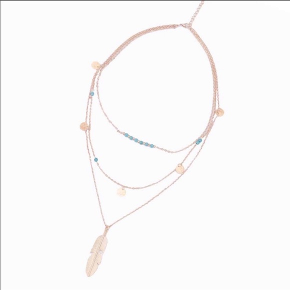 🆕 3 layer Turquoise Boho Feather necklace - Picture 4 of 4
